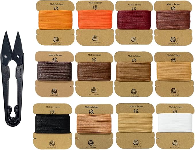Bonded & Round Waxed Threads, 3-PLY Round Thread 12 Colors 384 Yards - Hand Sewing - All Leather Projects/Crafts/All-Purpose Threads/Macrame/Bracelet (0.45 mm, 32yd/Each)