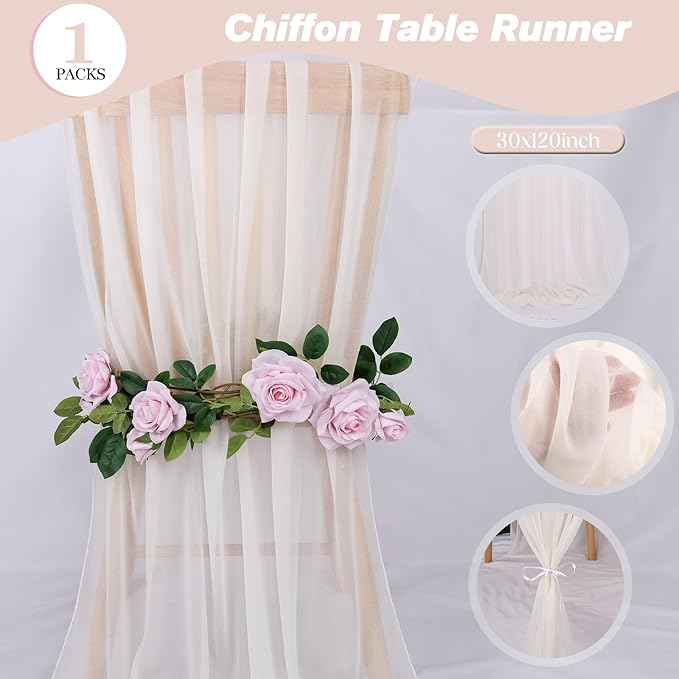 Beige Chiffon Table Runner 10ft Long Romantic Wedding Table Runners 30 x 120 Inches Elegant Sheer Fabric Drapes Bridal Party Cake Table Decoration