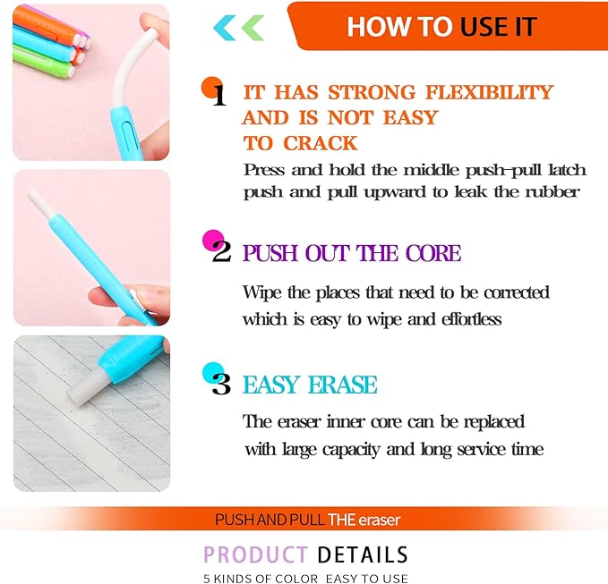 Teling 30 Pcs Retractable Mechanical Eraser Pen, School Pen-Style Erasers Pencil Click Bulk for School Office Painting Writing Drawing Drafting Sketching Adults Kids Supplies(Multicolor)