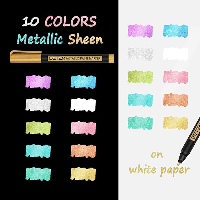 Betem Metallic Paint Markers, 10 Colors Acrylic Paint Markers for Black Paper, 2mm Medium Tips Metallic Glitter Pens Scrapbooking Supplies, Pumpkin Painting Kit for Rock Painting, Cards, Photo Albums