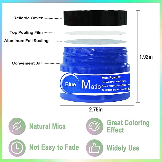 Matio Cerulean Blue Mica Powder for Epoxy Resin, 1.8oz/ 50g Pearlescent Effect Mica Powder Natural Color Pigment for Soap Making, Bath Bomb,Candle Dye,Resin Craft,Paint,Nails Art,Jewelry,Slime Pigment