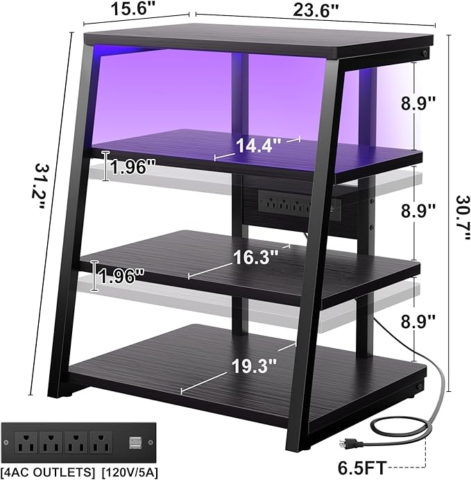 Armocity 4-Tier AV Media Stand with Power Strips, Stereo Stand with LED Lights, Rack Audio Tower with Adjustable Shelves, Small Entertainment Center, 30'', Black Ebony