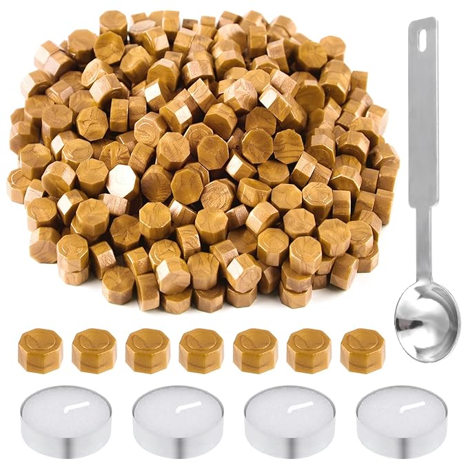 500 Pcs Octagon Sealing Wax Beads Gold Wax Seal Beads with 4 Pcs Tea Candles and 1 Pcs Wax Melting Spoon for Crafts Letter Wine Greeting Cards Sealing