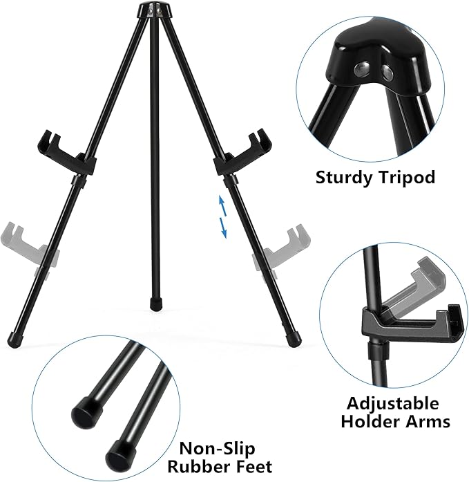 14" High Tabletop Instant Display Easel - Black Steel Small Tripod Easel Stand with Adjustable Holders for Pictures, Paintings, Posters and Store Signs(6 Pack)