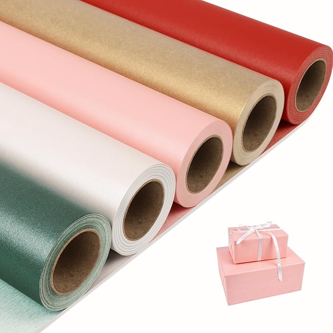 NESCCI Matte Wrapping Paper,Solid Color Pearly-Lustre Paper-5 Roll,17 Inches X 32.8 Feet Per roll.Gift Wrapping Paper,Perfect for Wedding,Valentine's Day,Birthday, Christmas,Baby Shower