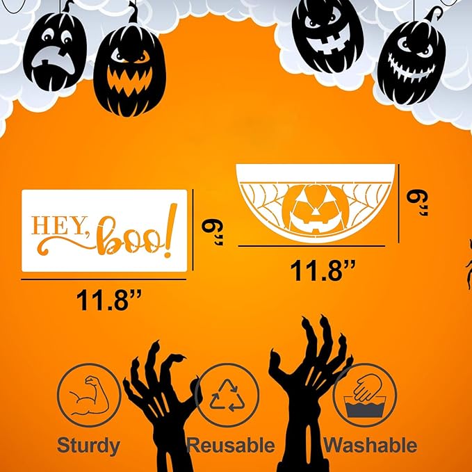 Halloween Stencils for Painting on Wood 12inch Large Halloween Stencil Hey Boo Witches Spider Bats Ghost Draw Templates for Porch Hanger Doormat Fabrics DIY Crafts Decor