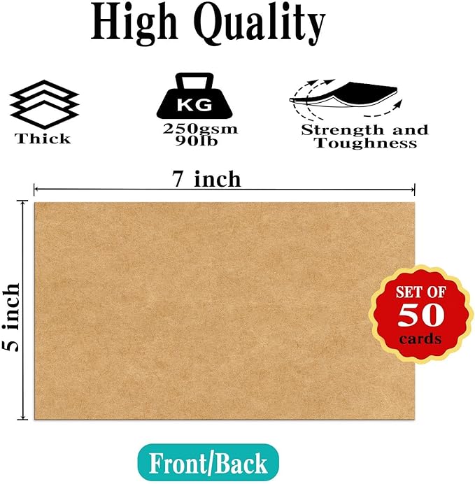 50 Pack 5x7 Kraft Blank Cardstock Paper Thick Paper - 80lb Flat Cards Stock Printer Paper for Make Your Own DIY Invitations, Note, Greeting, Table Cards - Writing, Stamping, Painting, Drawing