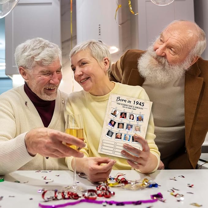 QUPT 80th Birthday Party Games, Born in 1945 Games, Birthday Party Supplies for Adults, Fun 1945s Party Game, Happy 80th Birthday Game, Pack of 30 Cards，