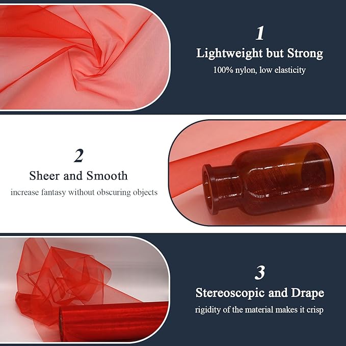 Red Organza Tulle Fabric Rolls, Crystal Organza 12" by 50 Yards (150 ft) Sheer Nylon Silky Shiny Netting Spool Bolt for DIY Craft Table Runner Wedding Baby Shower Party Decor (Red)