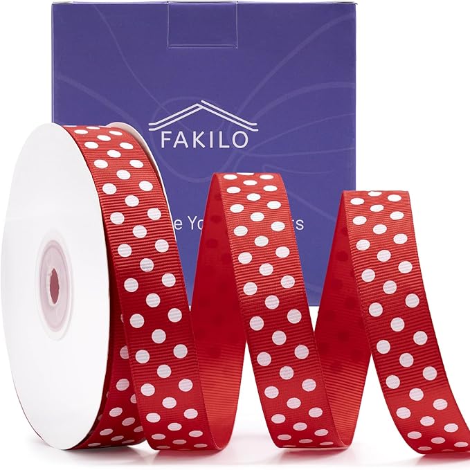 Polka Dot Grosgrain Ribbon 3/4 Inch, 25 Yards Spool Red and White Dot Craft Ribbon for Christmas Gift Wrapping DIY Crafts Hair Bows Sewing Wedding Party Decor and Home Decoration