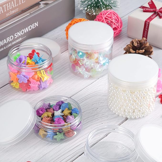 SATINIOR 12 Pack Plastic Container Jars with Lids Round Clear Travel Cosmetic Container Slime Jar for Toiletries, Lotion, Cream, Ointment, Makeup, Rhinestone, Sample, Kitchen Storage(2 oz,Clear)