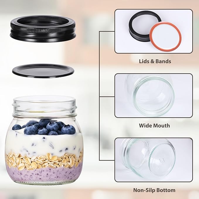 Mason Jars 8 oz 6 Pack with Black Lids & Bands, 8 oz Glass Jars with Lids with Stickers, Tags and Jute Twine for Spice Storage, Crafts, Wedding Decor