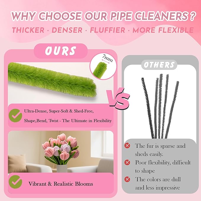 400 PCS Pipe Cleaners Craft Bulk,4 Assorted Colors Chenille Stems for DIY Flower Making Kit with Floral Wire, Gardening Tape, Stamen & Ribbon, Pipe Cleaners Flowers, Arts and Craft Supplies for Kids