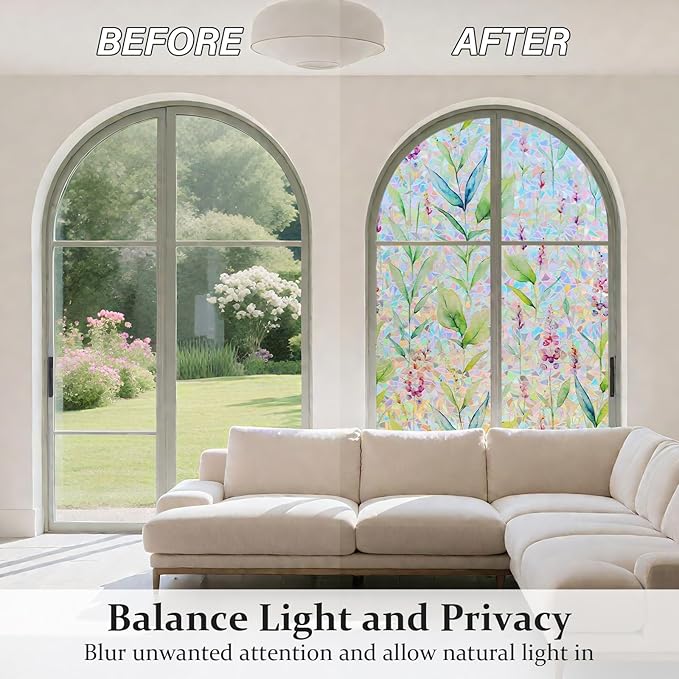 Donox Decorative Window Privacy Film, 3D Floral Stained Glass Window Film Static Cling Rainbow Privacy Sticker for Glass Door Heat Control Anti UV, No Adhesive (Gladiolus,17.5 x 78.7 inches)