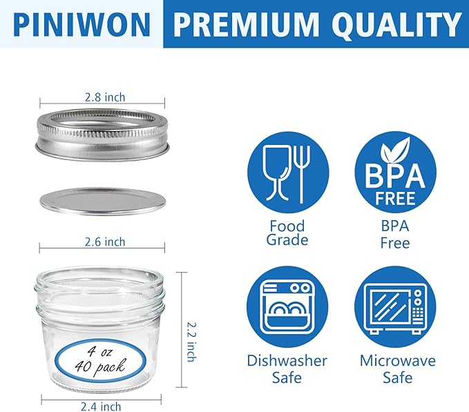 40 Pack Mason Jars 4 oz with Regular Lids and Bands, Mini Canning Jars, Small Glass Jars for Jam Jelly Honey Crafts Wedding Favors