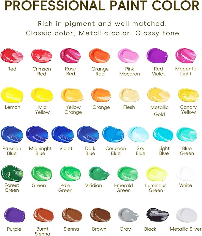 36 Colors Acrylic Paint Set, Yeeart Acrylic Paint, 2oz Bottles, Rich Pigmented Canvas Paint with Extra Metallic Color, Professional Craft Paint Kit, Premium Non-toxic Paints for Artists, Acrylic Paint Set for Kids & Adults, Art Supplies for Canvas Pain...