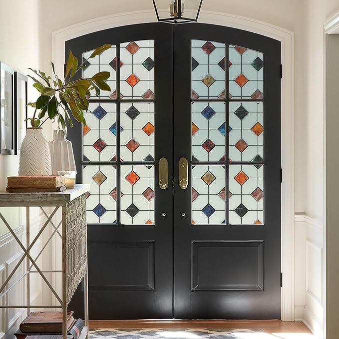 DKTIE Stained Glass Window Film Geometric Patterns, Fine Frosted Window Clings for Glass Windows, Waterproof for Bathroom Window Privacy Film Day and Night (S533, 35.4in X 118.1in)