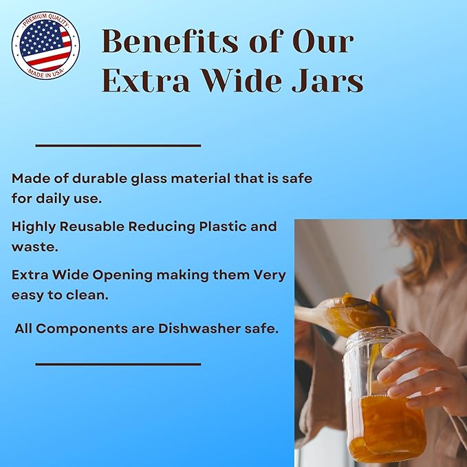 Jarming Collections Mason Jars - 32 Oz Glass Extra Wide Mouth Quart Storage Jars with Lids - BPA Free Plastic Lids - Made in USA (Set of 2)