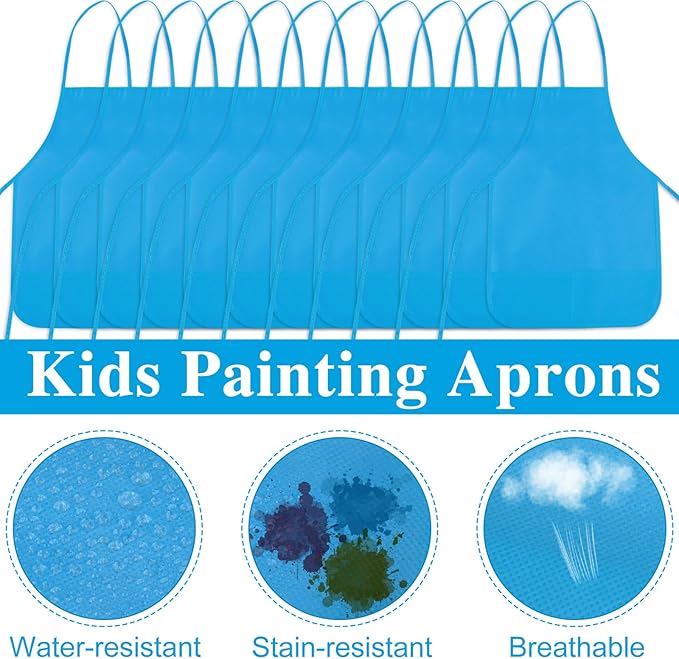 24 Pieces Light Blue Painting Aprons for Kids With 2 Roomy Pockets - Art, Painting Activity, Kitchen, Crafts