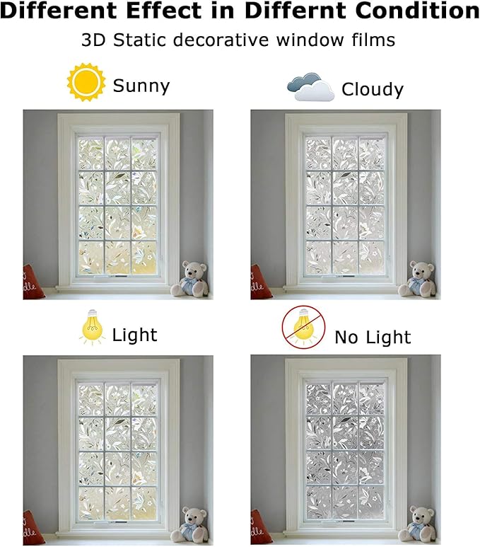 LEMON CLOUD Window Film, Decorative Window Privacy Film, 3D Stained Glass Window Sticker,Anti-UV Sun Blocker Heat Control for Home(Rainbow Tulip Design,45.2 x 157.4 inches)