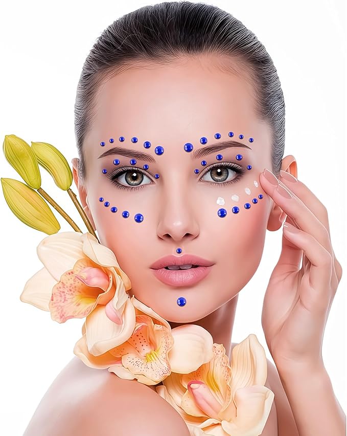 Self Adhesive Face Gems and Pearls for Makeup, Festival Jewels, Hair Gems Pearls, 3/4/5/6/8 mm Round Rhinestone Stickers for Face, Eye, Makeup, Body, Crafts 591Pcs (17_Dark Blue)
