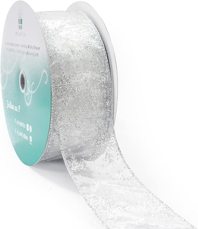CT CRAFT LLC Organza with Silver Glitter Snowflakes Wired Ribbon 2.5 inch x 50 Yards for Christmas Home Decor Tree Topper Bow Gift Wrapping DIY Crafts Wreath Garland Wedding