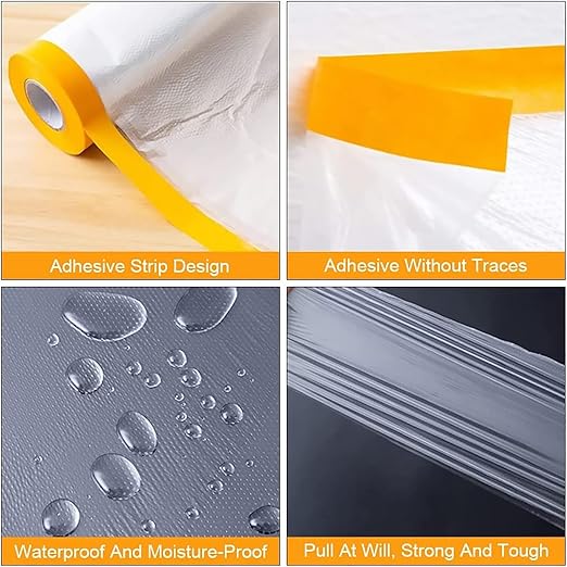 Painters Plastic with Tape, Pre-Taped Masking Film, Automotive Best Tape and Drape, Paint Adhesive Protective Film Roll for Covering Skirting, Frames, Cars and Auto Body (5 X 65-Feet) (1)