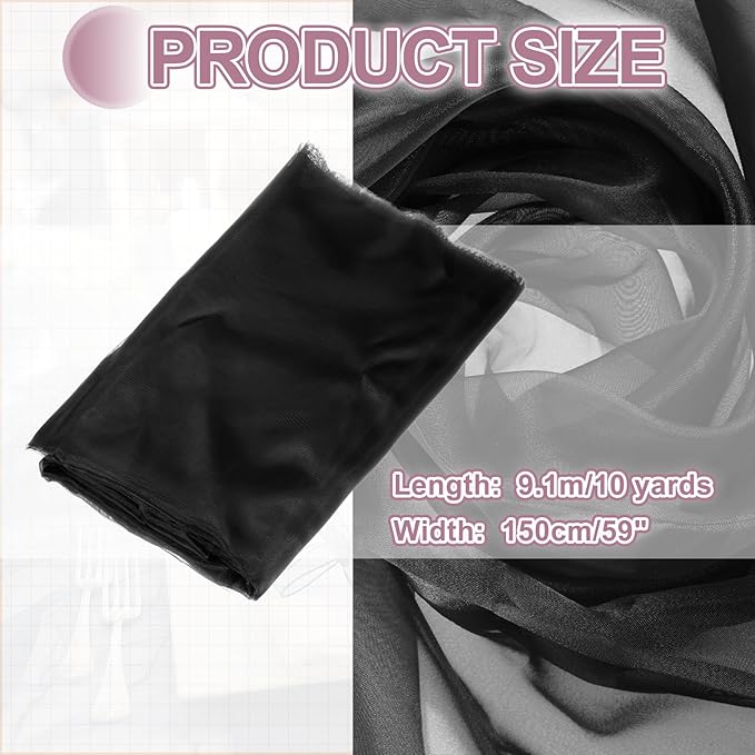 MECCANIXITY Iridescent Sheer Organza Fabric, 10 Yards x 59 Inches Solid Holographic Shiny Fabric Organza Cloth for Wedding, Curtains, Costume, Photo Background, Black