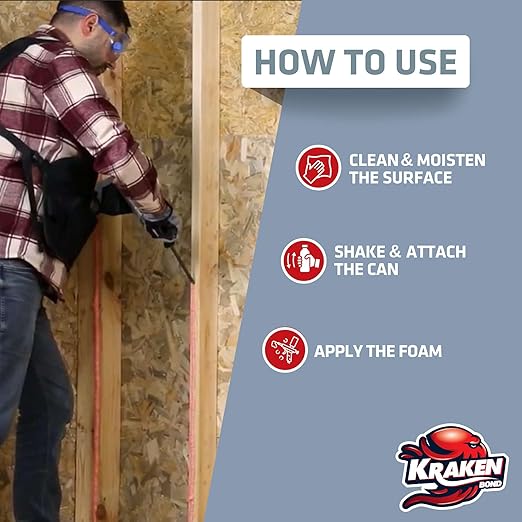 KRAKEN BOND Drywall & Panel Adhesive Foam - (12x24oz) Heavy-Duty, Fast-Curing Construction Adhesive for Concrete, Wood, and Heat Insulation Applications - Gun&Gun Cleaner Set