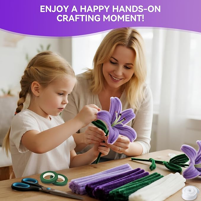 400PCS Purple Pipe Cleaners Bulk – 4 Colors Chenille Stems for Crafts, DIY Art Supplies, Fuzzy Sticks for Crafting Flowers, Wedding & Valentine's Day Decorations, Kids School Craft Kit