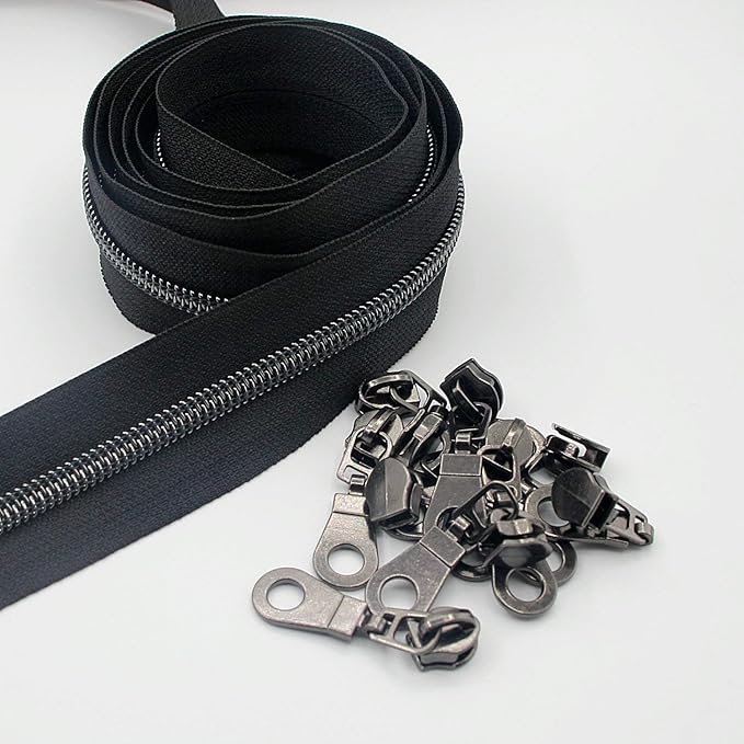 Leekayer #5 Black Nickel Metallic Nylon Coil Teeth Zippers by The Yard Bulk 10 Yards Zipper Tape with 25pcs Black Nickel Sliders for DIY Sewing Tailor Craft Bag(Black)