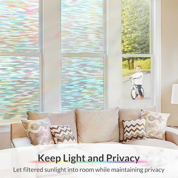 rabbitgoo Window Privacy Film with Installation Tools, Stained Glass Window Film Rainbow Prism Decorative Glass Clings for Home Decor, Static Cling Covering Sun Blocking, 23.6" x 157.4"