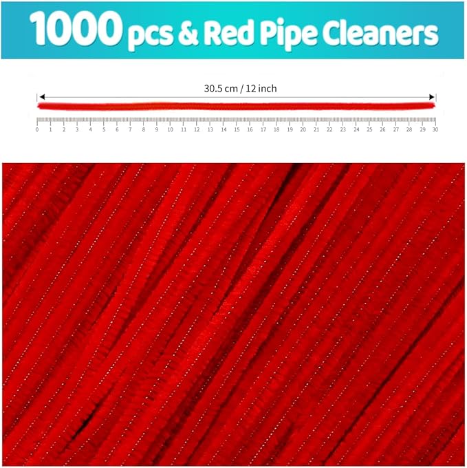Iooleem 1000pcs Red Pipe Cleaners, Chenille Stems, Pipe Cleaners for Crafts, Pipe Cleaner Crafts, Art and Craft Supplies.