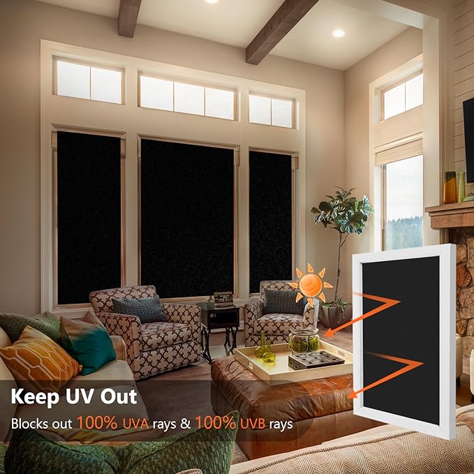 Kromapolis Blackout Window Privacy Film Total Light Blocking Room Darkening Window Covering, Removable Static Cling Frosted Glass Tint, Non-Adhesive, Black 45.2'' x 393.7''