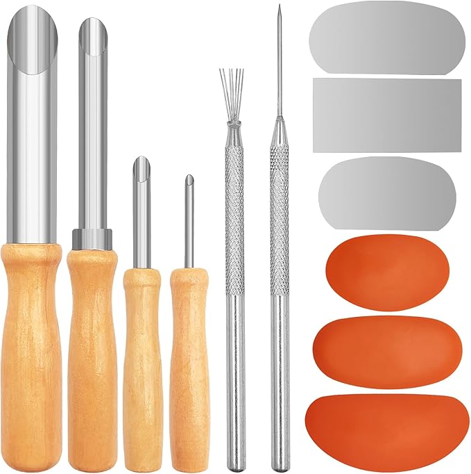 3 Sizes Rubber Pottery Clay Ribs + 3 Pcs Sculpture Pottery Molding Scraper Cutter + 4 Pcs Stainless Steel Circular Clay Hole Cutters + 1 Clay Ceramic Needle + 1 Feather Wire Texture Detail Tools