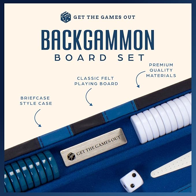 Get The Games Out Top Backgammon Set - Classic Board Game Case 15" Medium Size - Best Strategy & Tip Guide - Available in Small, Medium and Large Sizes (Blue, Medium)
