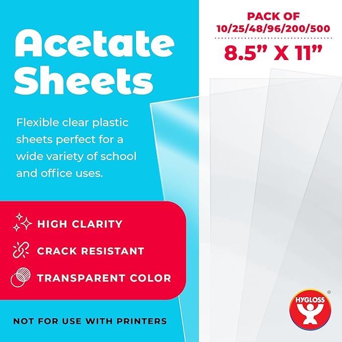 Hygloss 8.5" x 11" Acetate Paper - 7 Mil Clear Acetate Sheets for Crafts Projects, Classroom Stencil Sheets, Overhead Transparency Sheets for Projector, Clear Plastic Sheet (Not for Printers) 96 Pack