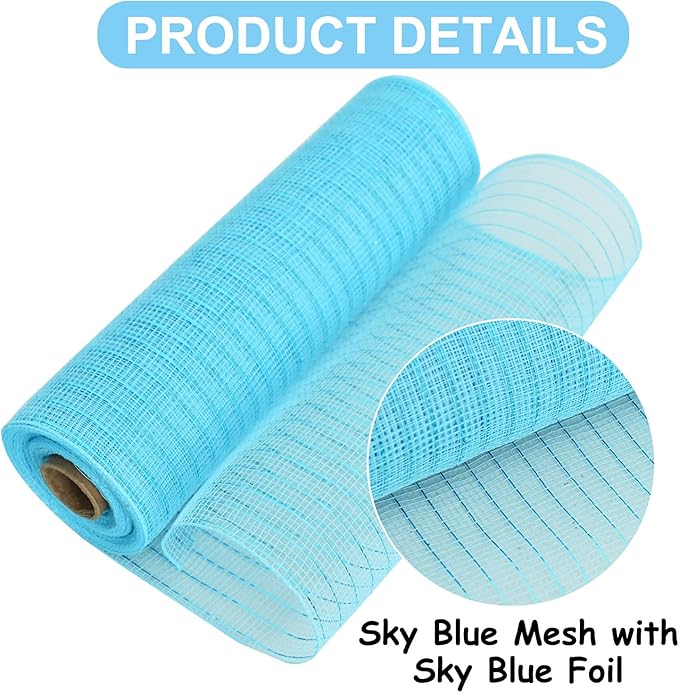 TONIFUL 2 Rolls 10 Inch Sky Blue Decorative Mesh Ribbbon Rolls, Fabric Mesh with Foil for Wreath Supplies, Front Door Wreath Crafts Tree Decor Christmas NewYears Halloween Decoration (10 yds/roll)