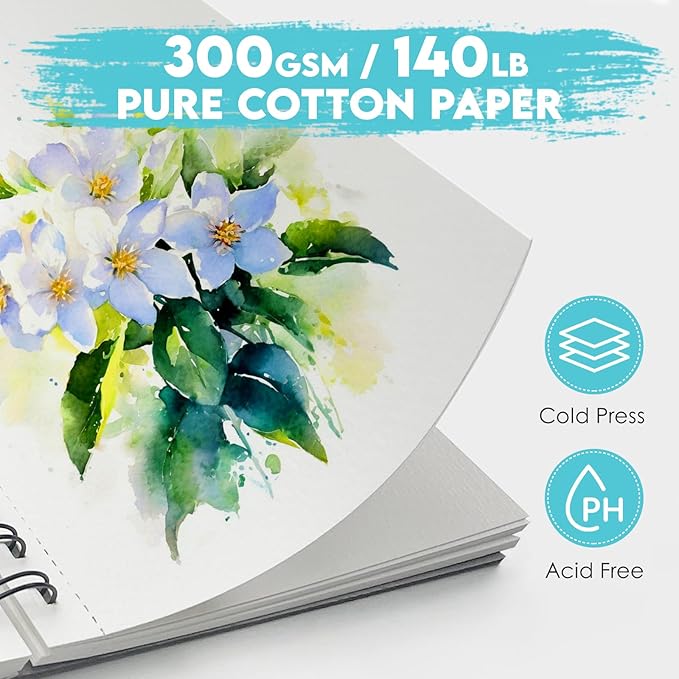 KOVIEDE 100% Cotton Watercolor Paper Pad - 3 Pack (90 Sheets) 5.5"x8.5" Cold Press, 140lb/300gsm Spiral Bound Watercolor Sketchbook, Artist Quality Art Journal Supplies for Adults, Kids & Beginners