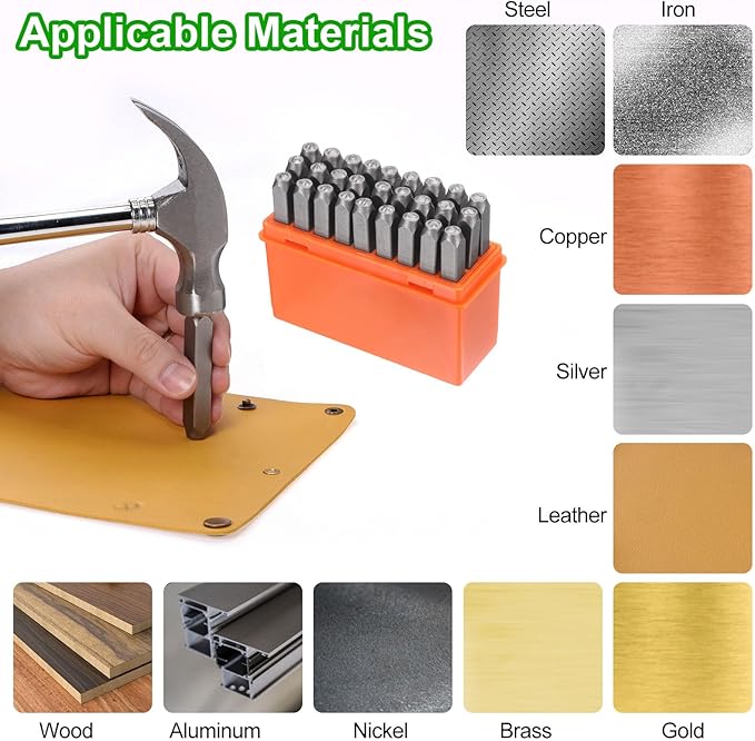 HARFINGTON 36pcs Metal Stamping Kit 5/32" (4mm) Steel Uppercase Letter and Number Punch Set (A-Z / 0-8 / "&" Symbol) Punch Press Tool with Case for Imprinting Metal Plastic Wood Leather
