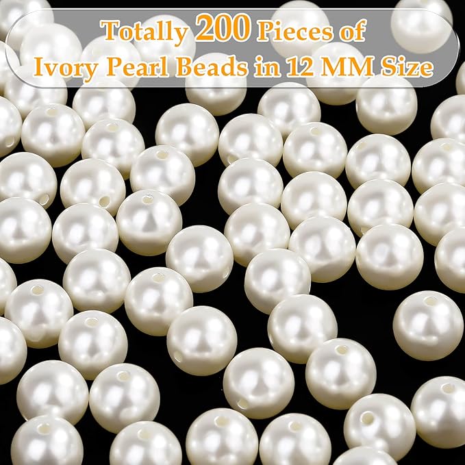 Pearl Beads for Craft, Anezus 200pcs Ivory Faux Fake Pearls, 12 MM Sew on Pearl Beads with Holes for Jewelry Making, Bracelets, Necklaces, Hairs, Crafts, Decoration and Vase Filler