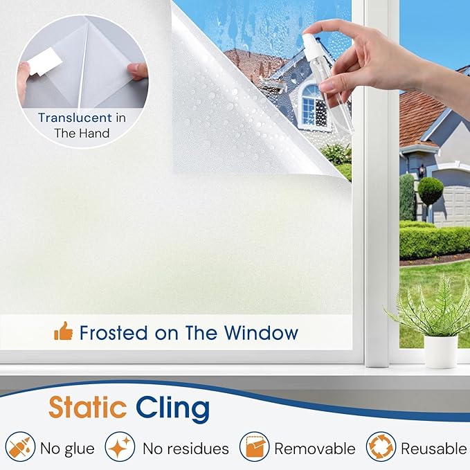 Homein Frosted Glass Window Privacy Film with Tools UV Blocking Privacy Film for Glass Windows, Static Cling No Glue Removable Reusable Anti Glare for Home Day and Night, Pure 35.4x157.4 inch