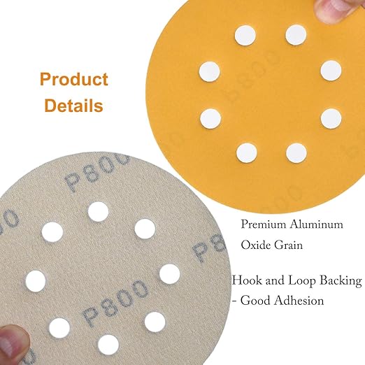 5-Inch 8-Hole Hook and Loop Sanding Discs 800-Grit Random Orbit Sandpaper, 100-Pack