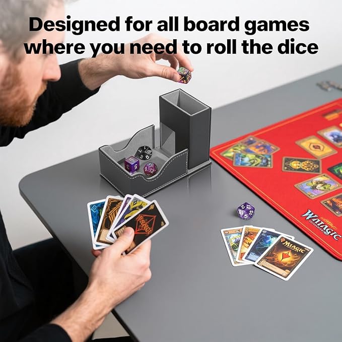 Dice Roller Tower, Premium DND Magnetic Dice Tray, Foldable PU Leather Dice Tower RPG Gifts for Dungeons and Dragons MTG Dm & Player Black/Grey