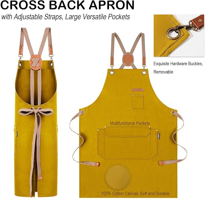 Genixart Chef Apron for Men Women with Pockets, Canvas Aprons for Kitchen Cooking, Artist Painting, Work Apron for Server (Yellow, 6 Pack)