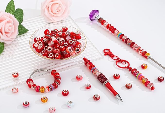 LAIDANLA Red Mix Large Hole Beads, 100pcs 15mm Round Resin, Plastic, Acrylic Loose Beads for Jewelry Making, Crafts, Decoration