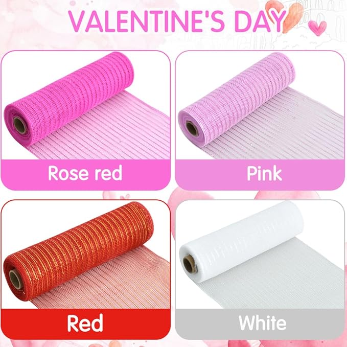 TONIFUL 4 Rolls 10 Inch Red/Pink/White Decorative Mesh Ribbbon Rolls, for Wreath Supplies Front Door Wreath Crafts Tree Decor Christmas NewYears Valentine's Day Decoration (30ft/roll, 120ft/Set)