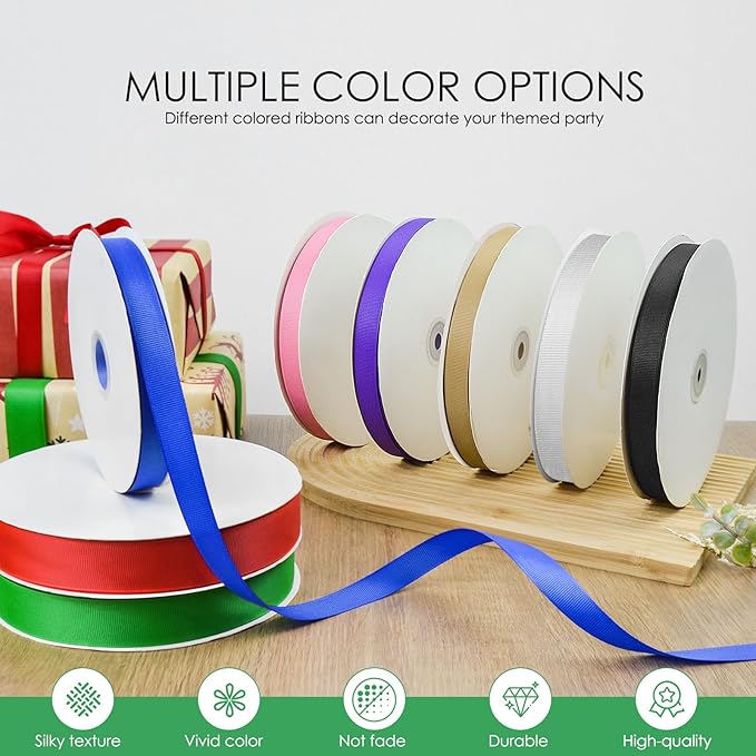 50 Yards 5/8 inch Grosgrain Ribbon, Solid Color Fabric Ribbon Perfect for Gift Wrapping, Wedding, Handmade Bows, Floral Bouquets and Party Decoration(Green)
