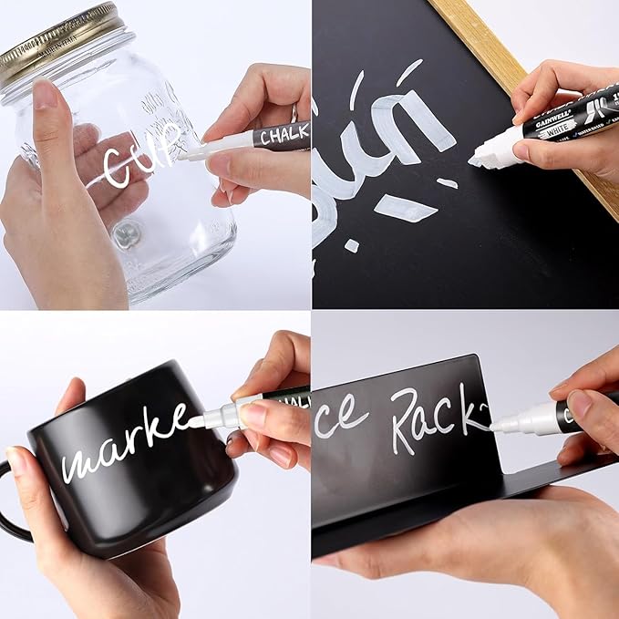 GAINWELL White Liquid Chalk Markers Erasable 4-Pack, Reversible Tip (3mm/6mm/10mm/15mm), Erasable Chalk Pens for Blackboard, Window, Glass, Chalkboard, Bistro, Loved by Teachers, Artists, Businesses
