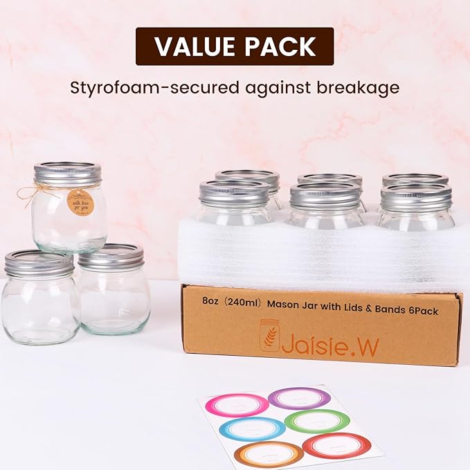 Mason Jars 8 oz 6 Pack with Silver Lids & Bands, 8 oz Glass Jars with Lids with Stickers, Tags and Jute Twine for Spice Storage, Crafts, Wedding Decor